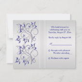 Royal Blue en Silver Floral Reply Card RSVP Kaartje (Achterkant)
