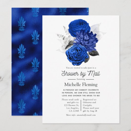 Royal Blue en Silver Floral Vrijgezellenfeest per  Kaart (Voorkant / Achterkant)