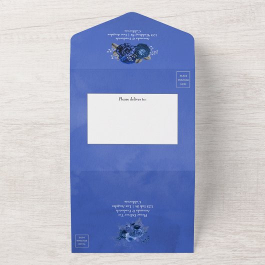 Royal Blue en Silver Floral Wedding All In One Uitnodiging (Buitenkant)