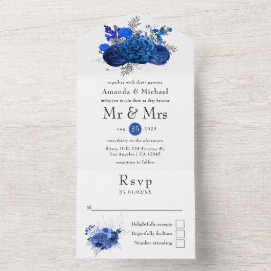 Royal Blue en Silver Floral Wedding All In One Uitnodiging (Binnen)