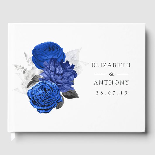 Royal Blue en Silver Floral Wedding Gastenboek (Voorkant)