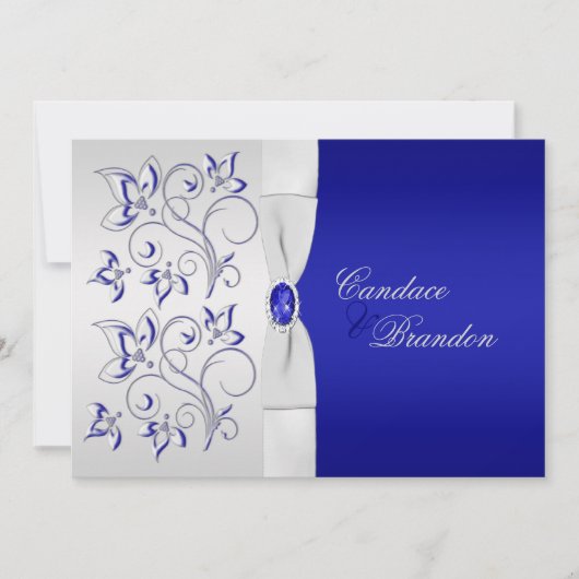 Royal Blue en Silver Floral Wedding Invitation Kaart (Voorkant)