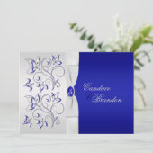 Royal Blue en Silver Floral Wedding Invitation Kaart (Staand voorkant)