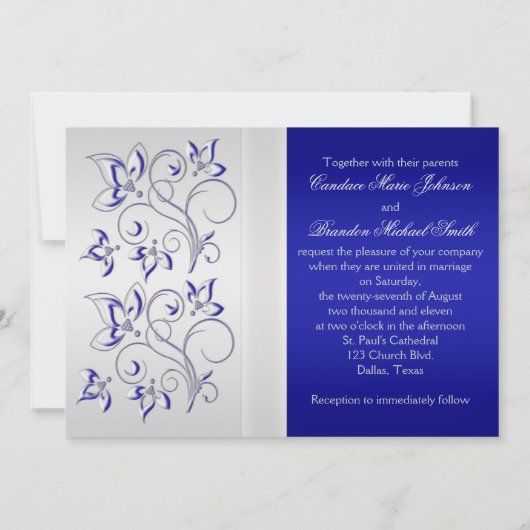 Royal Blue en Silver Floral Wedding Invitation Kaart (Achterkant)