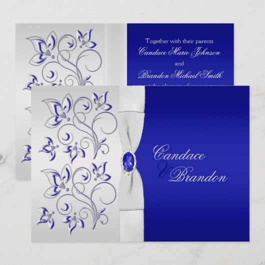 Royal Blue en Silver Floral Wedding Invitation Kaart (Voorkant / Achterkant)