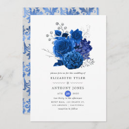 Royal Blue en Silver Floral Wedding Kaart