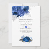 Royal Blue en Silver Floral Wedding Kaart (Voorkant)
