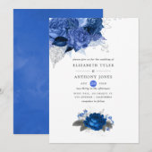 Royal Blue en Silver Floral Wedding Kaart (Voorkant / Achterkant)