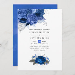 Royal Blue en Silver Floral Wedding Kaart