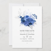 Royal Blue en Silver Floral Wedding Photo Save The Date (Voorkant)