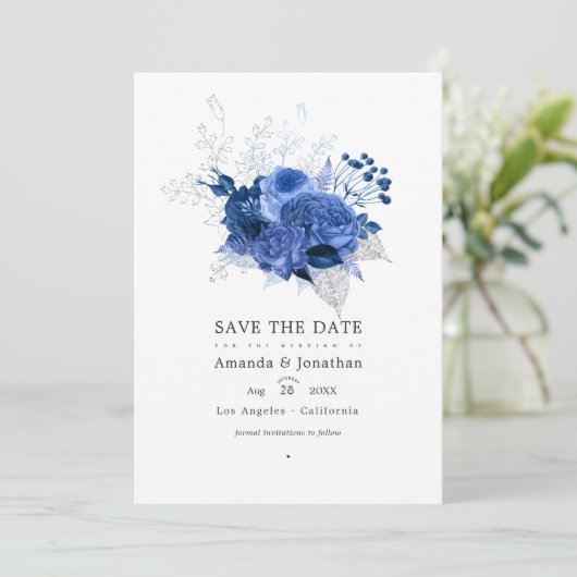 Royal Blue en Silver Floral Wedding Photo Save The Date (Staand voorkant)