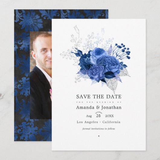 Royal Blue en Silver Floral Wedding Photo Save The Date (Voorkant / Achterkant)