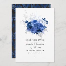 Royal Blue en Silver Floral Wedding Photo Save The Date