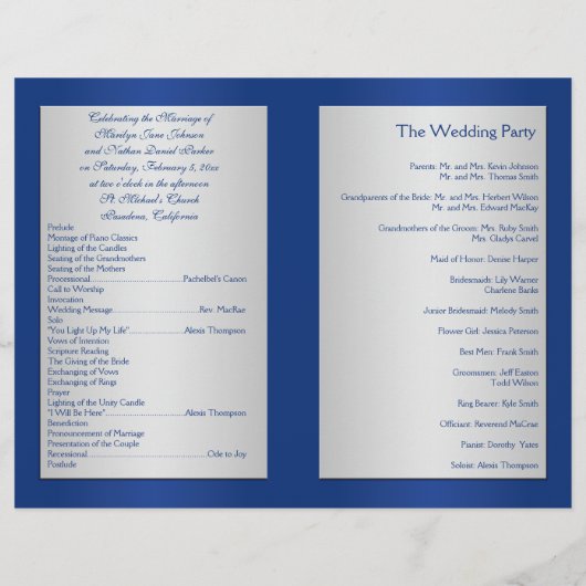 Royal Blue en Silver Floral Wedding Programme (Achterkant)