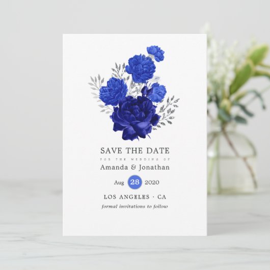Royal Blue en Silver Floral Wedding Save The Date (Staand voorkant)