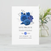 Royal Blue en Silver Floral Wedding Save The Date (Staand voorkant)