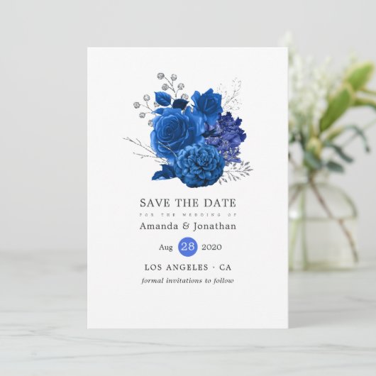 Royal Blue en Silver Floral Wedding Save The Date (Staand voorkant)