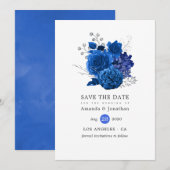 Royal Blue en Silver Floral Wedding Save The Date (Voorkant / Achterkant)