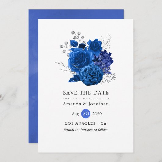 Royal Blue en Silver Floral Wedding Save The Date (Voorkant / Achterkant)