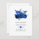 Royal Blue en Silver Floral Wedding Save the Date Aankondigingskaart (Voorkant / Achterkant)