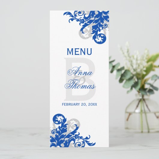 Royal Blue en Silver Flourish Menu (Staand voorkant)