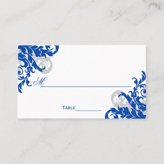 Royal Blue en Silver Flourish Plaatskaartje (Voorkant)