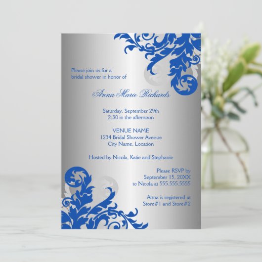 Royal Blue en Silver Flourish Vrijgezellenfeest Kaart (Staand voorkant)