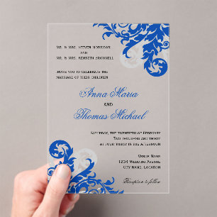 Royal Blue en Silver Flourish Wedding Acryl Uitnodigingen