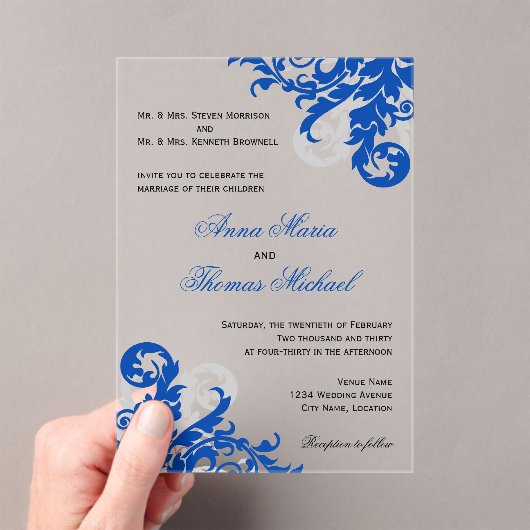 Royal Blue en Silver Flourish Wedding Acryl Uitnodigingen (Insitu (Draagbaar))