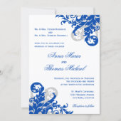 Royal Blue en Silver Flourish Wedding Kaart (Voorkant)