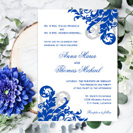 Royal Blue en Silver Flourish Wedding Kaart