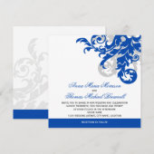 Royal Blue en Silver Flourish Wedding Kaart (Voorkant / Achterkant)