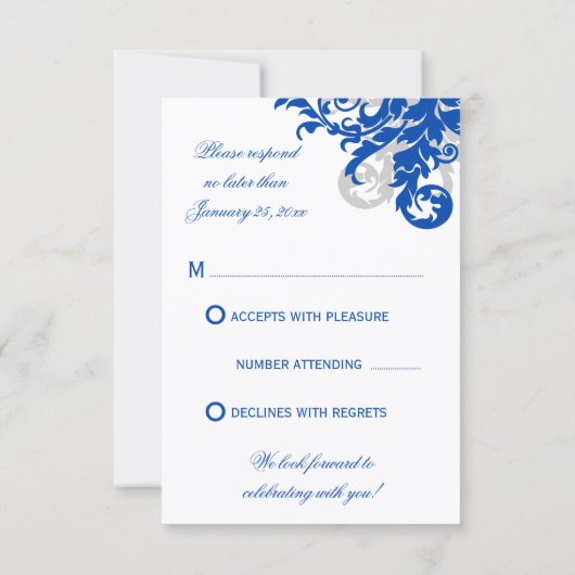 Royal Blue en Silver Flourish Wedding RSVP (Achterkant)