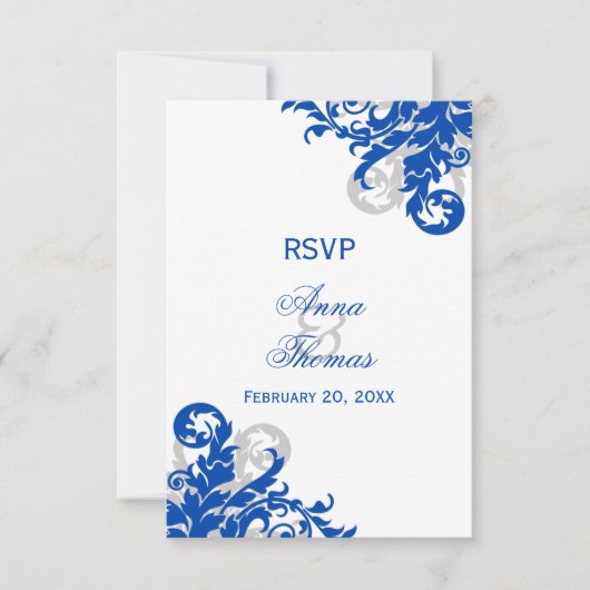 Royal Blue en Silver Flourish Wedding RSVP (Voorkant)