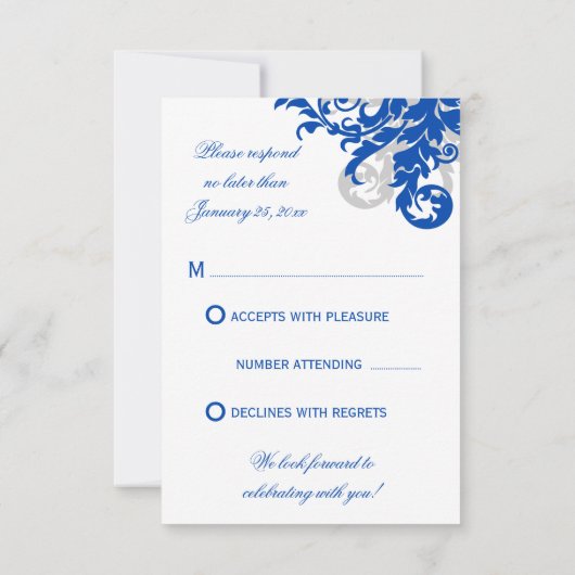 Royal Blue en Silver Flourish Wedding RSVP (Achterkant)