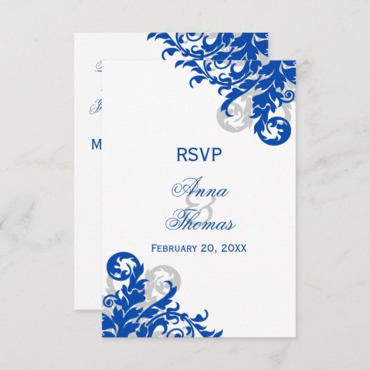 Royal Blue en Silver Flourish Wedding RSVP (Voorkant / Achterkant)