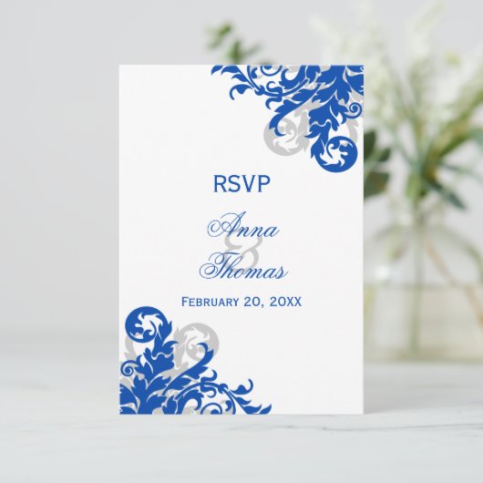 Royal Blue en Silver Flourish Wedding RSVP (Staand voorkant)