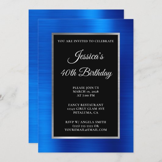 Royal Blue en Silver Foil Black 40e verjaardag Kaart (Voorkant / Achterkant)