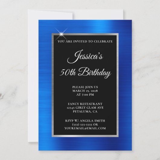 Royal Blue en Silver Foil Black 50th Birthday Kaart (Voorkant)
