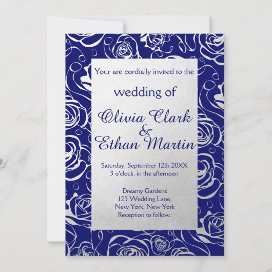Royal Blue en Silver Foil Bloemen met Roos Kaart (Voorkant)