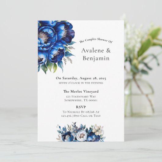 Royal Blue en Silver Glitter Peony Couples Douche Kaart (Staand voorkant)