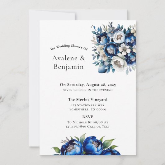 Royal Blue en Silver Glitter Peony Wedding Shower Kaart (Voorkant)