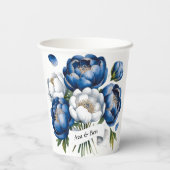 Royal Blue en Silver Glittery Peony Wedding Papieren Bekers (Achterkant)