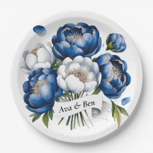 Royal Blue en Silver Glittery Peony Wedding Papieren Bordje