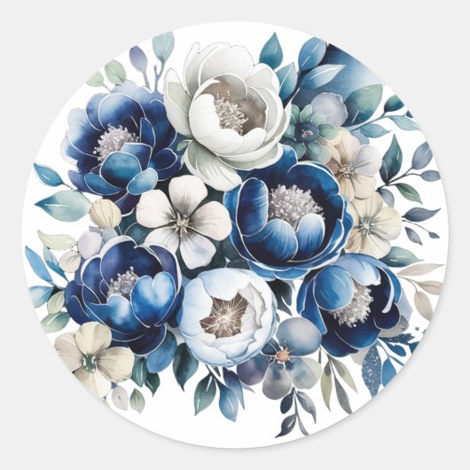 Royal Blue en Silver Glittery Peony Wedding Ronde Sticker (Voorkant)