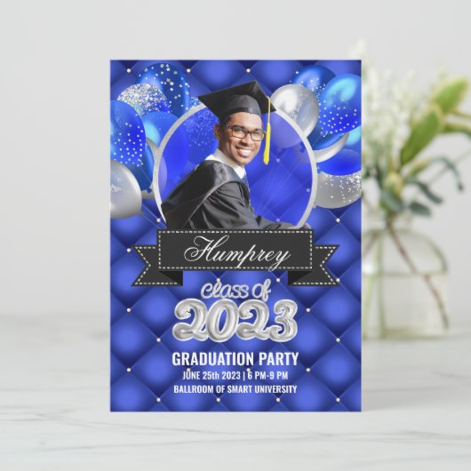 Royal Blue en Silver Graduation Party uitnodiging (Staand voorkant)