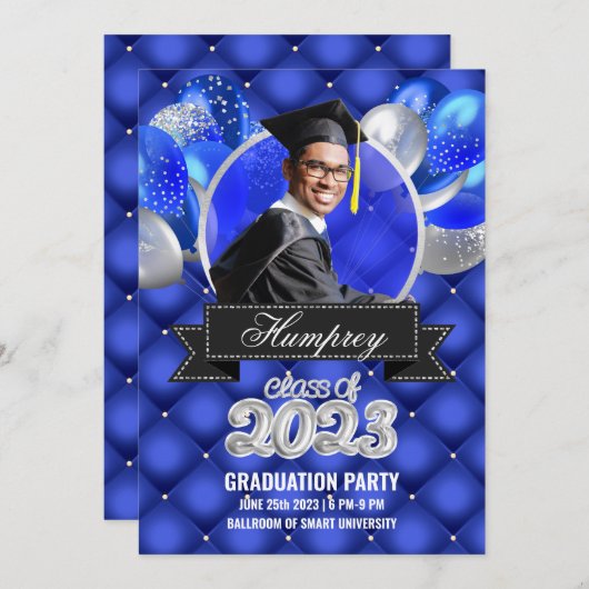 Royal Blue en Silver Graduation Party uitnodiging (Voorkant / Achterkant)