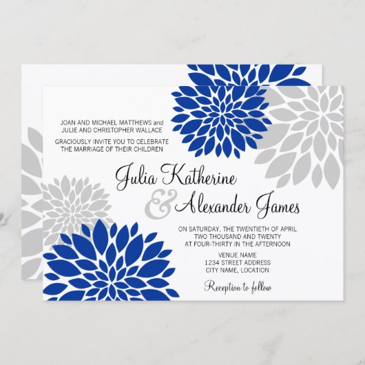 Royal Blue en Silver-Gray Floral Burst Wedding Kaart (Voorkant / Achterkant)