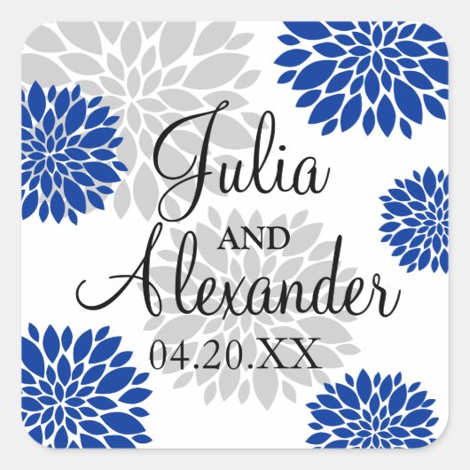 Royal Blue en Silver-Gray Floral Burst Wedding Vierkante Sticker (Voorkant)
