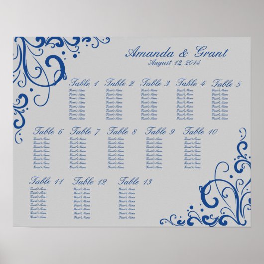Royal Blue en Silver Grey Flourish Seating Chart Poster (Voorkant)